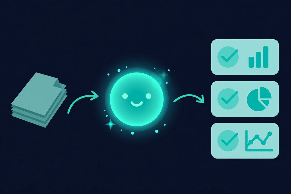 Concept illustration showing business documents flowing through an AI assistant into organized outputs