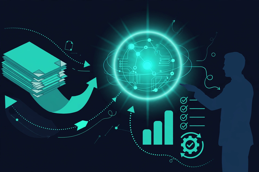 Illustration of business documents flowing through an AI assistant into organized outputs, with a person collaborating alongside
