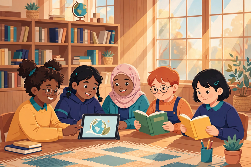 Illustration of diverse children reading books and learning together in a bright classroom