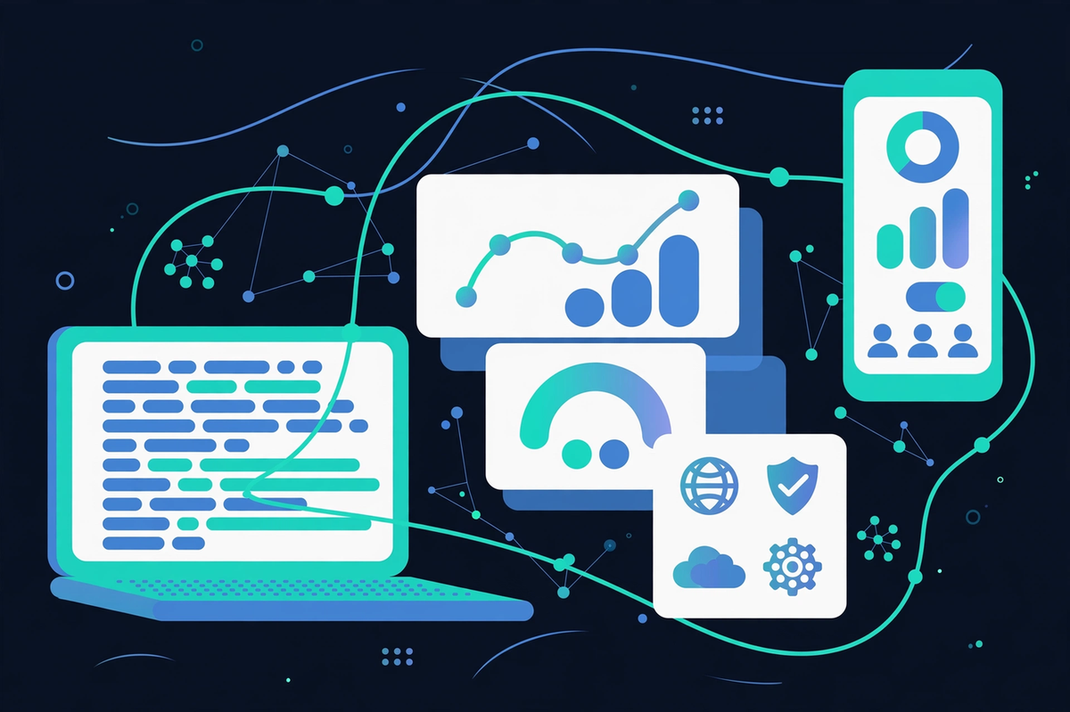 Illustration of a laptop with code, a smartphone app, and enterprise dashboards connected by flowing lines — the software CalmDevLabs builds